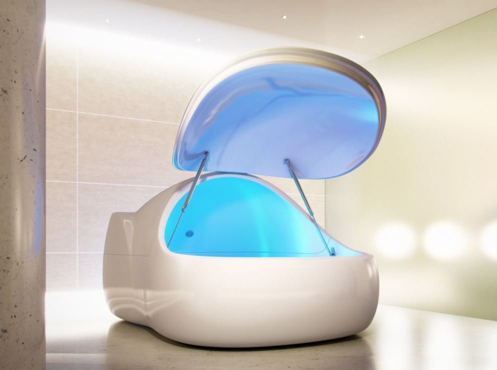 The float tank with its lid open and the interior light on