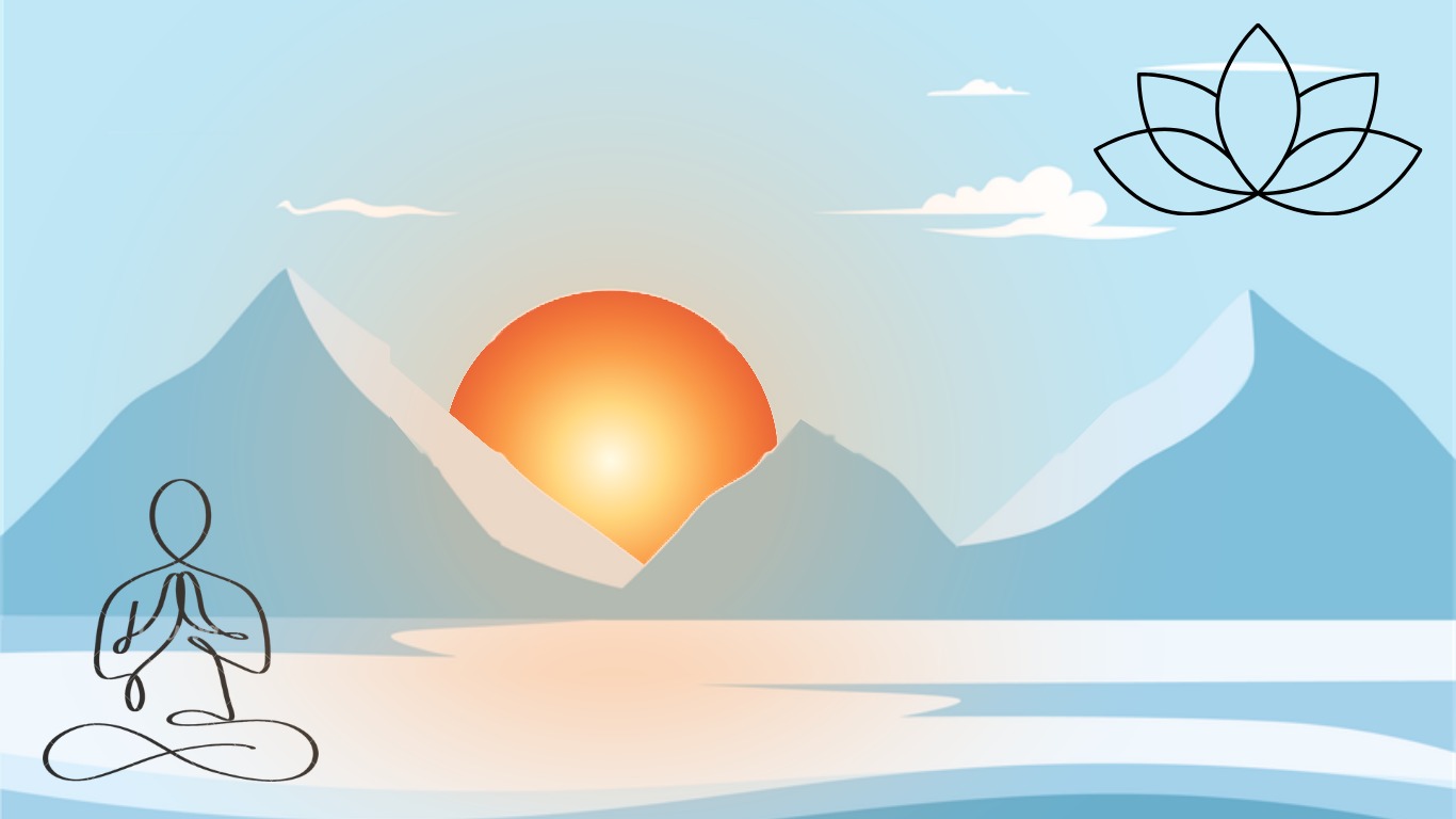 Still water in front of snow capped mountains at sunrise, with a figure sitting in meditation
